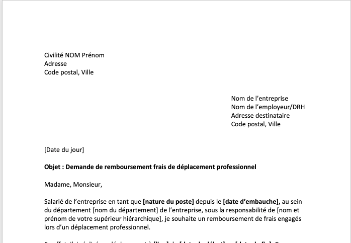 lettre remboursement frais de déplacement