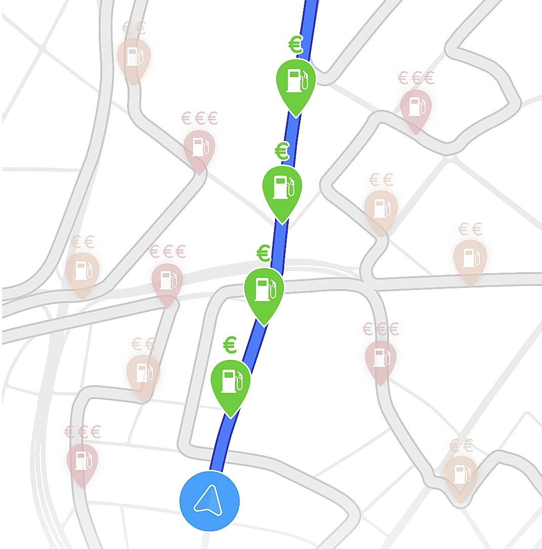 Carte de navigation indiquant les stations-service les moins chères sur l'itinéraire